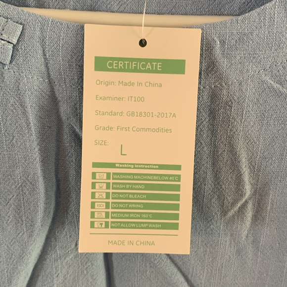 Powder blue cotton linen blend blouse with knot accent, 3:4 sleeves Size Large - Picture 6 of 8